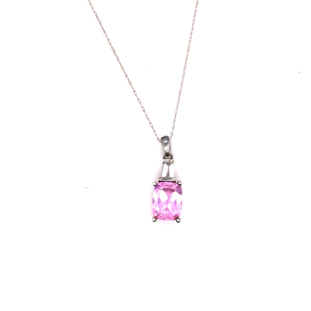 14k White Gold Chain 925 Sterling Silver Pink Stone Pendant Necklace 20 Inch